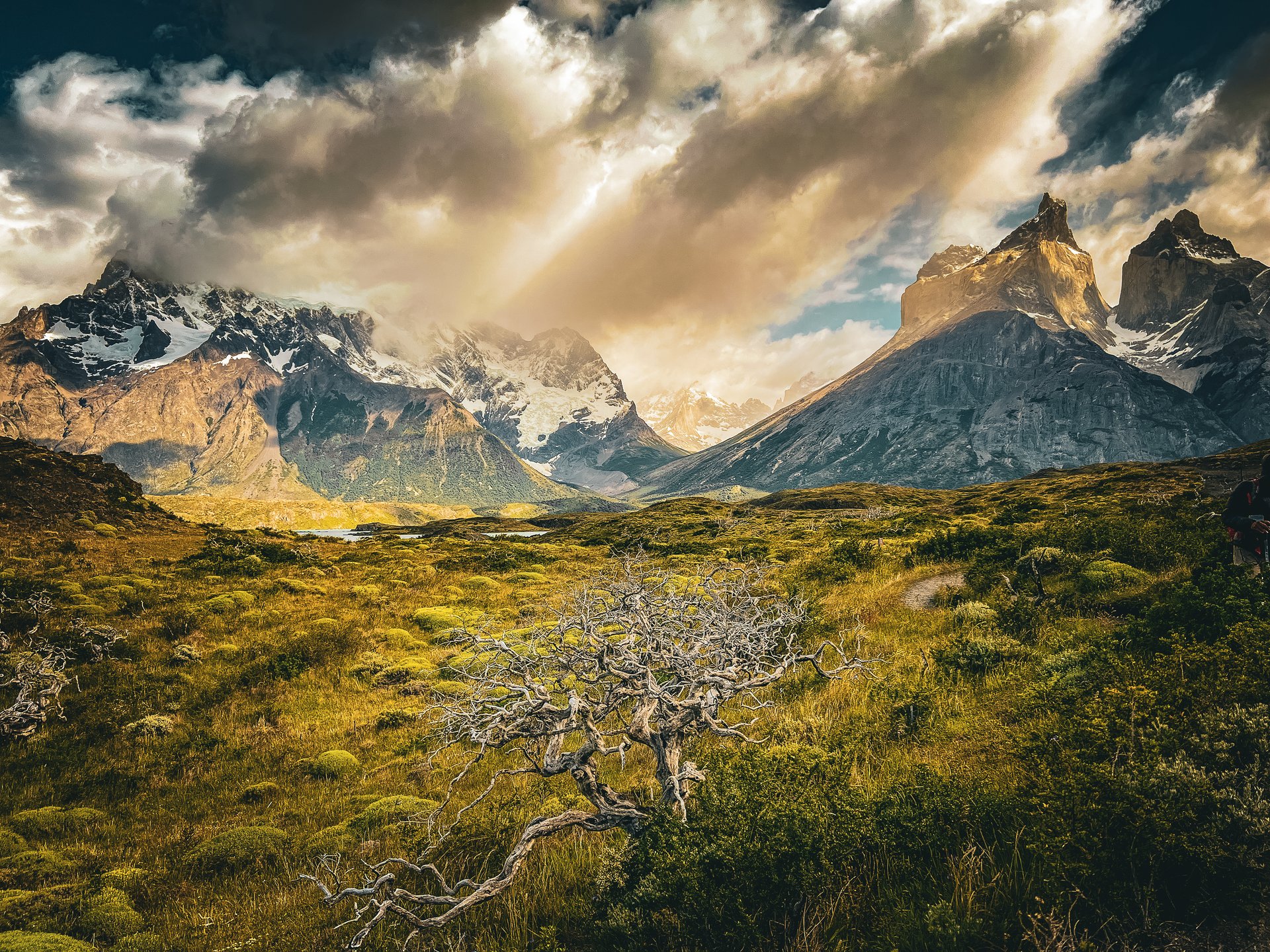 Sunlight breaks through dramatic storm clouds over the mountains of Torres del Paine, illuminating the Patagonian valley and golden-green vegetation beneath the peaks.